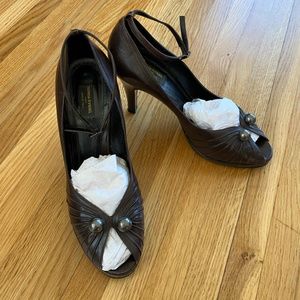 Sonia Rykiel Paris Peep Toe Platform Pumps w/ Silver Baubles + Ankle Strap